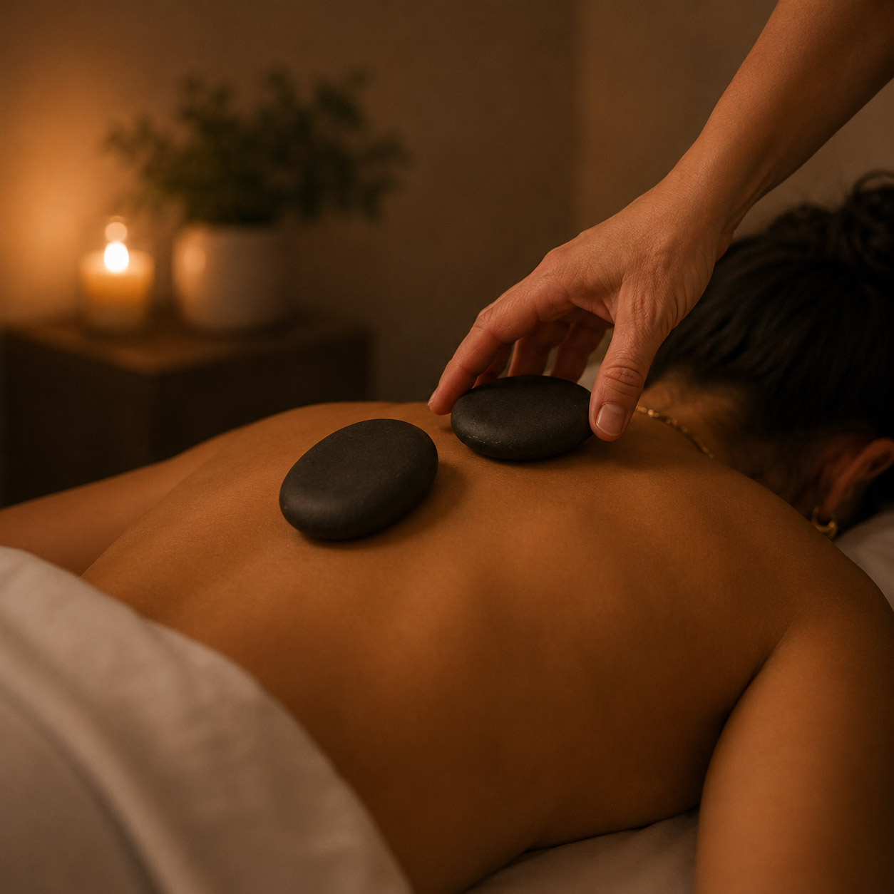 Hot Stone Massage heated stones for deep relaxation at Rivage Day Spa Birmingham MI